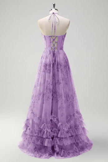 Green A Line Halter Floral Corset Ruffled Long Prom Dress