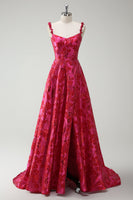 Load image into Gallery viewer, Fuchsia A Line Spaghetti Straps Floral Jacquard Long Prom Dress