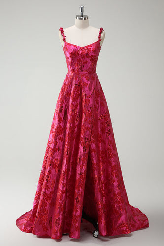 Fuchsia A Line Spaghetti Straps Floral Jacquard Long Prom Dress