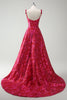Load image into Gallery viewer, Fuchsia A Line Spaghetti Straps Floral Jacquard Long Prom Dress