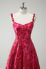 Load image into Gallery viewer, Fuchsia A Line Spaghetti Straps Floral Jacquard Long Prom Dress