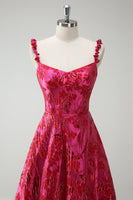 Load image into Gallery viewer, Fuchsia A Line Spaghetti Straps Floral Jacquard Long Prom Dress