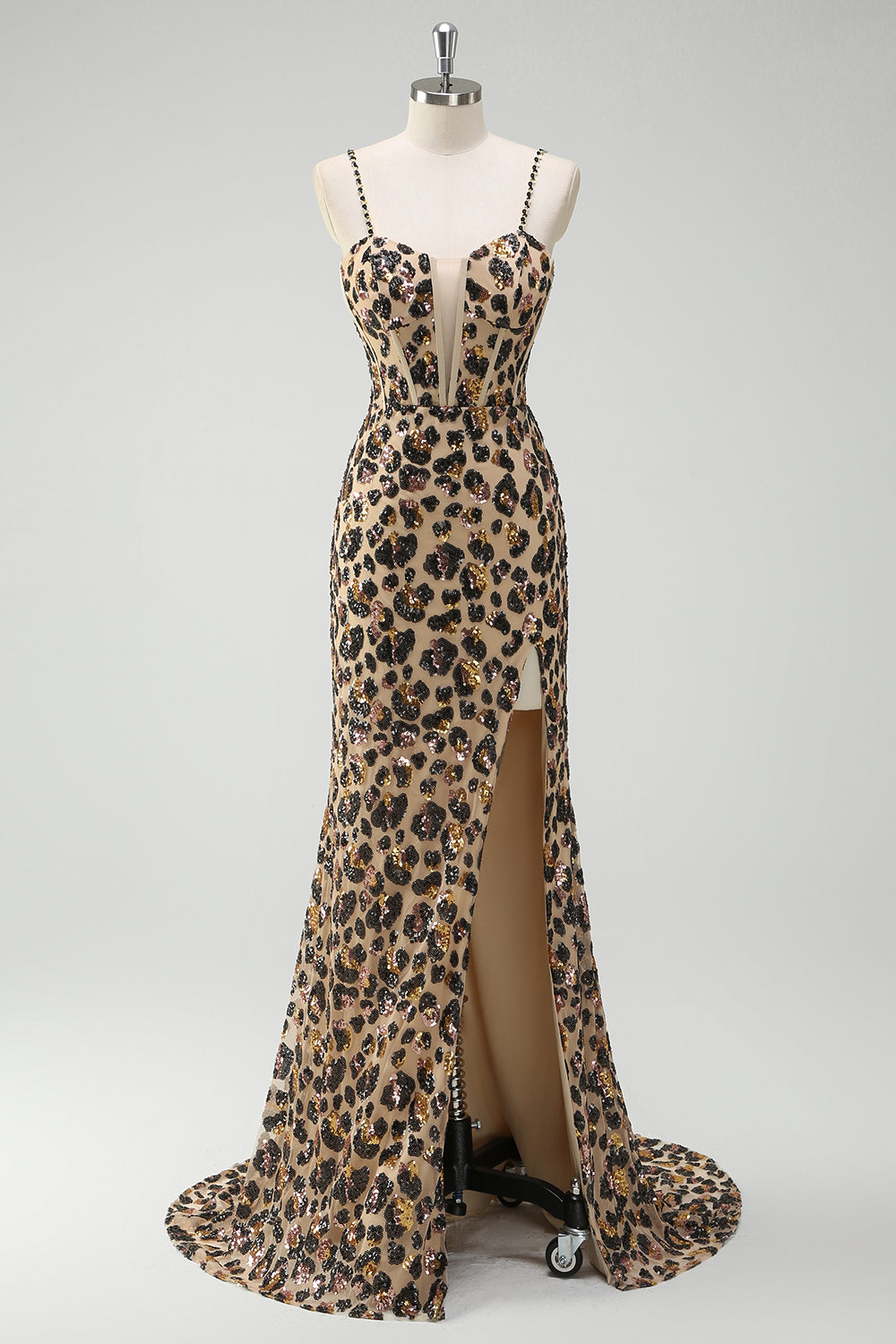 Khaki Leopard Sequin Mermaid Spaghetti Straps Long Corset Dress