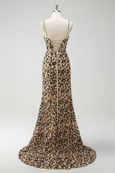 Khaki Leopard Sequin Mermaid Spaghetti Straps Long Corset Dress