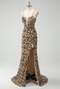 Load image into Gallery viewer, Khaki Leopard Sequin Mermaid Spaghetti Straps Long Corset Dress