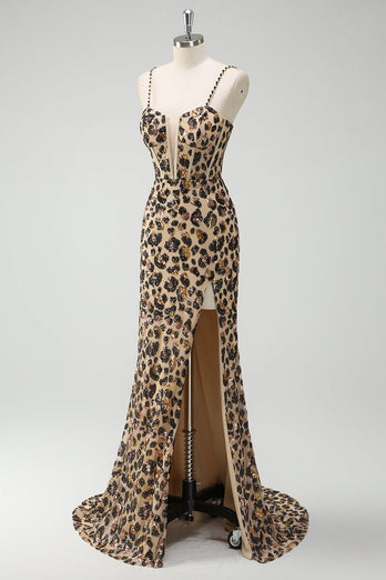 Khaki Leopard Sequin Mermaid Spaghetti Straps Long Corset Dress