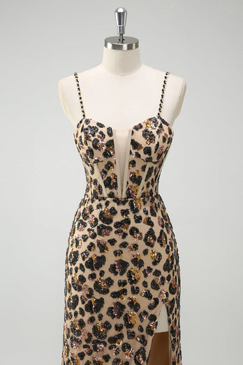 Khaki Leopard Sequin Mermaid Spaghetti Straps Long Corset Dress