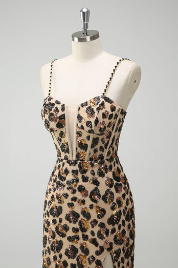 Khaki Leopard Sequin Mermaid Spaghetti Straps Long Corset Dress