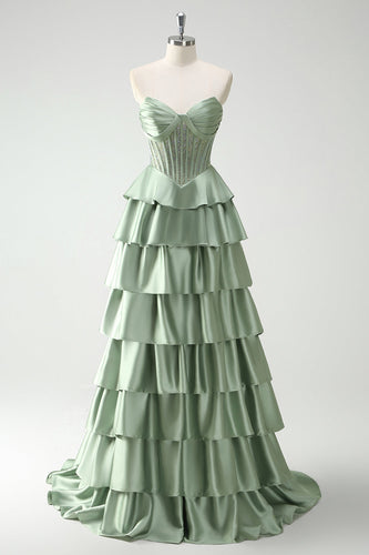 Green Sweetheart Princess Tiered Long Corset Prom Dress