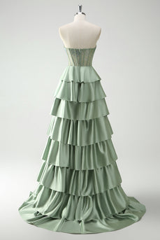 Green Sweetheart Princess Tiered Long Corset Prom Dress