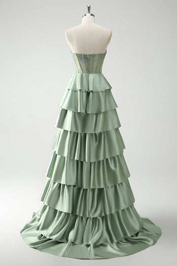 Green Sweetheart Princess Tiered Long Corset Prom Dress
