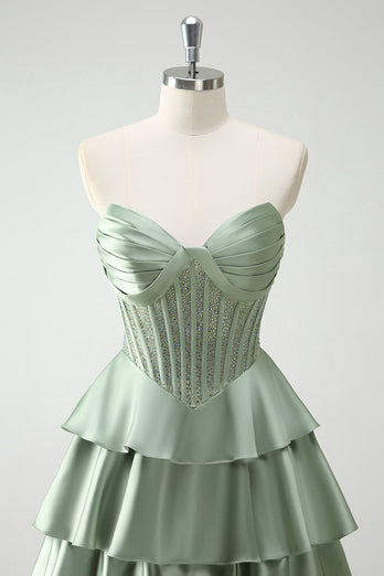 Green Sweetheart Princess Tiered Long Corset Prom Dress