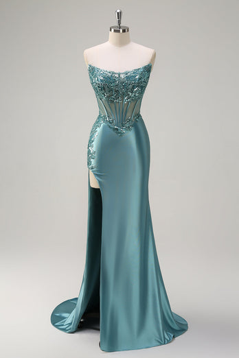 Grey Blue Mermaid Strapless Corset Long Prom Dress with Slit