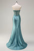 Load image into Gallery viewer, Grey Blue Mermaid Strapless Corset Long Prom Dress with Slit