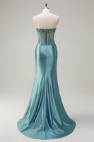 Load image into Gallery viewer, Grey Blue Mermaid Strapless Corset Long Prom Dress with Slit