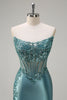 Load image into Gallery viewer, Grey Blue Mermaid Strapless Corset Long Prom Dress with Slit