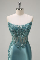 Load image into Gallery viewer, Grey Blue Mermaid Strapless Corset Long Prom Dress with Slit