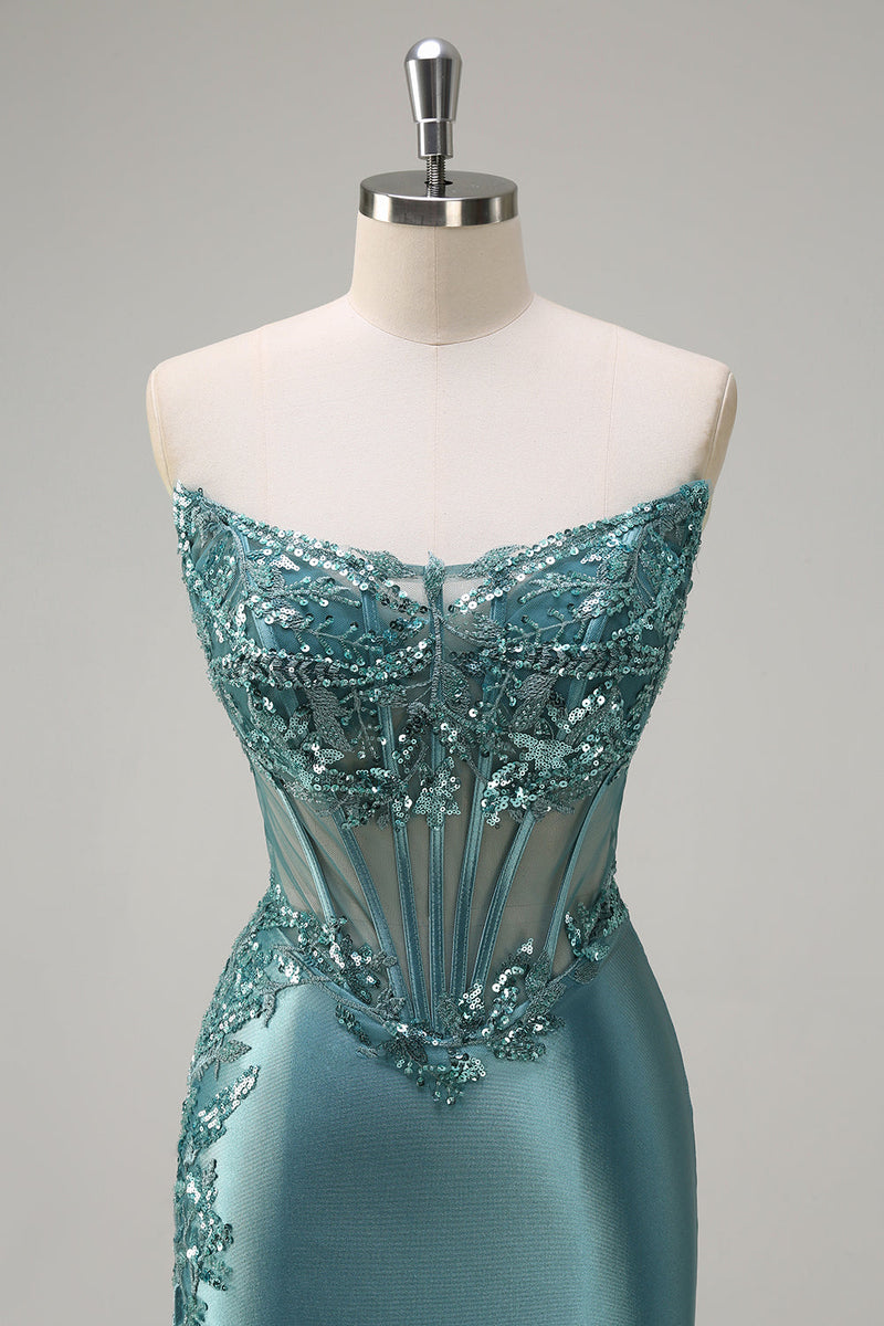 Load image into Gallery viewer, Grey Blue Mermaid Strapless Corset Long Prom Dress with Slit