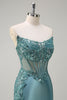 Load image into Gallery viewer, Grey Blue Mermaid Strapless Corset Long Prom Dress with Slit