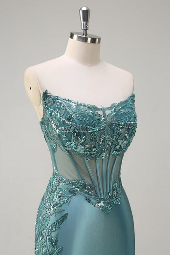 Grey Blue Mermaid Strapless Corset Long Prom Dress with Slit