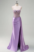 Load image into Gallery viewer, Purple Mermaid Sheer Ruched Corset Prom Dress
