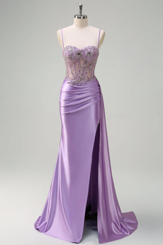 Purple Mermaid Sheer Ruched Corset Prom Dress