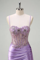 Load image into Gallery viewer, Purple Mermaid Sheer Ruched Corset Prom Dress