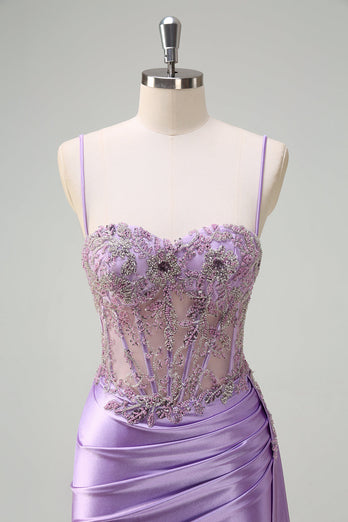 Purple Mermaid Sheer Ruched Corset Prom Dress