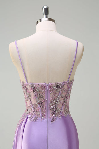Purple Mermaid Sheer Ruched Corset Prom Dress