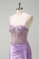 Load image into Gallery viewer, Purple Mermaid Sheer Ruched Corset Prom Dress
