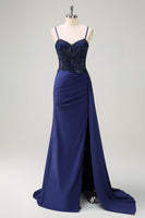 Load image into Gallery viewer, Navy Mermaid Ruched Streamer Long Prom Dress with Appliques