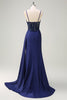 Load image into Gallery viewer, Navy Mermaid Ruched Streamer Long Prom Dress with Appliques