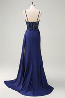 Load image into Gallery viewer, Navy Mermaid Ruched Streamer Long Prom Dress with Appliques