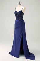 Load image into Gallery viewer, Navy Mermaid Ruched Streamer Long Prom Dress with Appliques