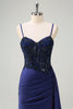 Load image into Gallery viewer, Navy Mermaid Ruched Streamer Long Prom Dress with Appliques