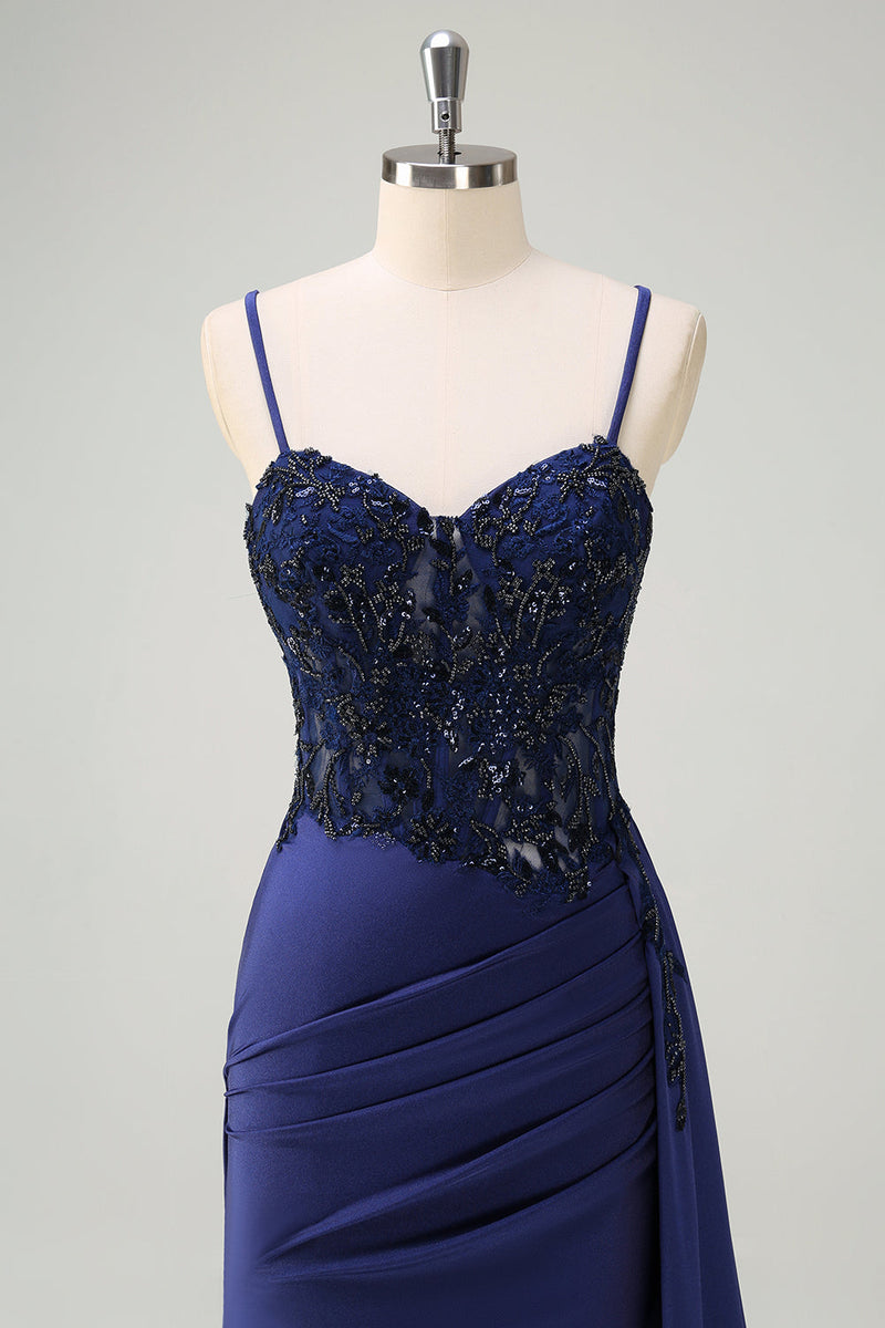 Load image into Gallery viewer, Navy Mermaid Ruched Streamer Long Prom Dress with Appliques