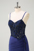 Load image into Gallery viewer, Navy Mermaid Ruched Streamer Long Prom Dress with Appliques