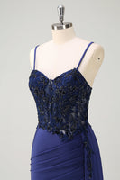 Load image into Gallery viewer, Navy Mermaid Ruched Streamer Long Prom Dress with Appliques