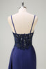 Load image into Gallery viewer, Navy Mermaid Ruched Streamer Long Prom Dress with Appliques