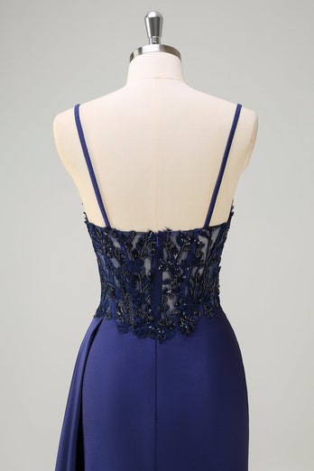 Navy Mermaid Ruched Streamer Long Prom Dress with Appliques