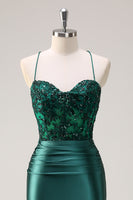 Load image into Gallery viewer, Dark Green Mermaid Halter Corset Long Prom Dress With Slit