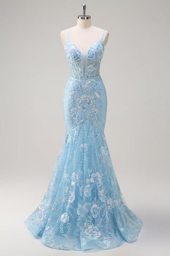 Blue Mermaid Sequin Corset Long Prom Dress with Embroidery