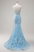 Load image into Gallery viewer, Blue Mermaid Sequin Corset Long Prom Dress with Embroidery