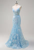 Load image into Gallery viewer, Blue Mermaid Sequin Corset Long Prom Dress with Embroidery