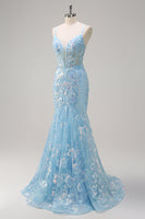 Load image into Gallery viewer, Blue Mermaid Sequin Corset Long Prom Dress with Embroidery