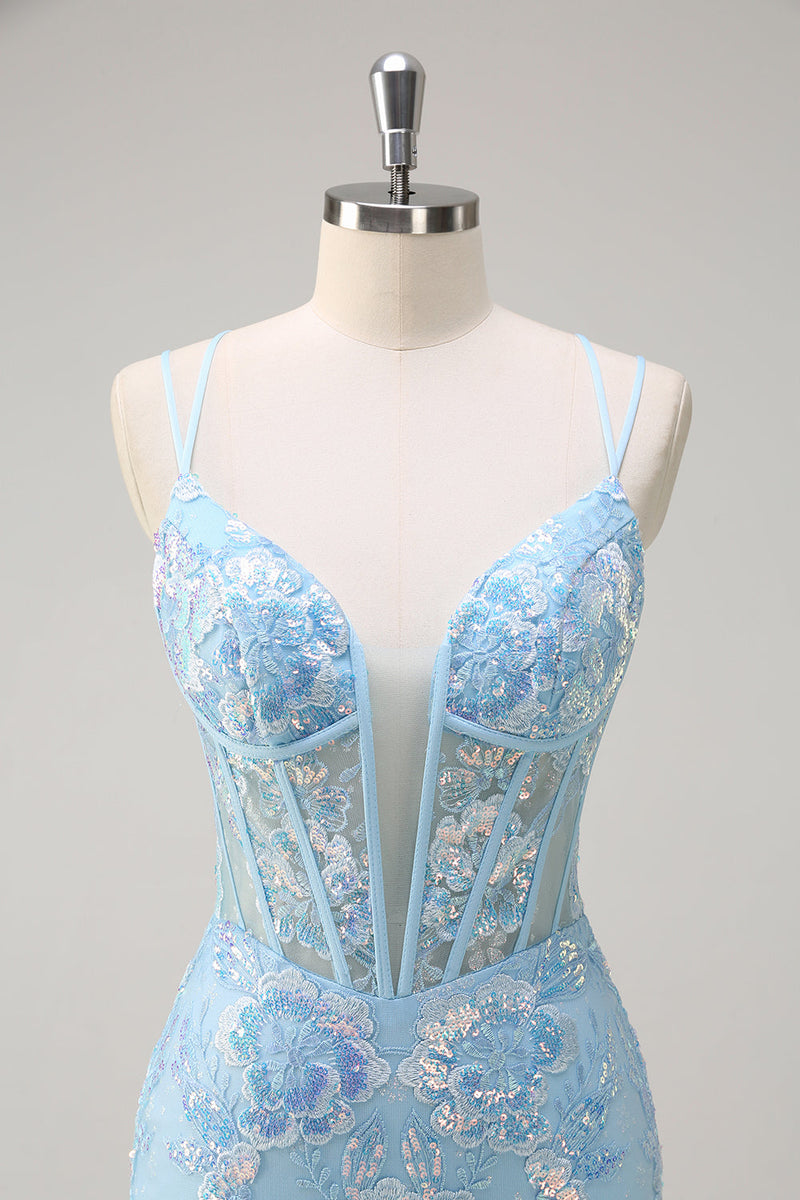 Load image into Gallery viewer, Blue Mermaid Sequin Corset Long Prom Dress with Embroidery