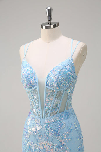 Blue Mermaid Sequin Corset Long Prom Dress with Embroidery