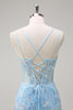 Load image into Gallery viewer, Blue Mermaid Sequin Corset Long Prom Dress with Embroidery