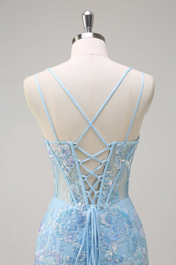 Blue Mermaid Sequin Corset Long Prom Dress with Embroidery
