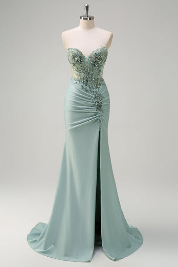 Grey Green Mermaid Strapless Sequin Corset Ruched Prom Dress